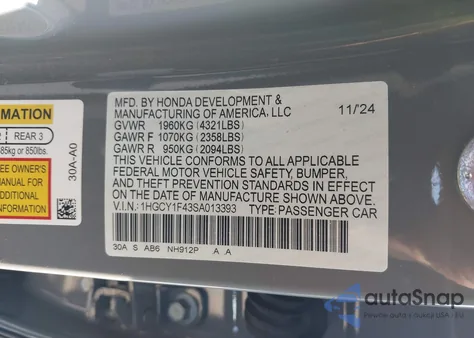 2025 Honda Accord Se from USA, damaged, VIN 1HGCY1F43SA013393